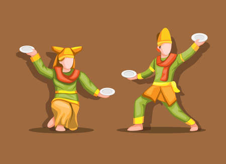 Tarian Piring aka Plate Dance is traditional dance from The Minangkabau. West Sumatra, Indonesia concept cartoon illustration vectorのイラスト素材