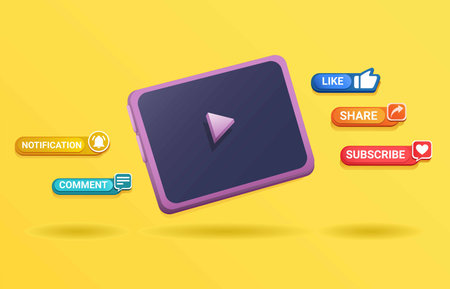 3d Clay Tablet device with pop up message subsribe symbol for channel streaming video concept in...