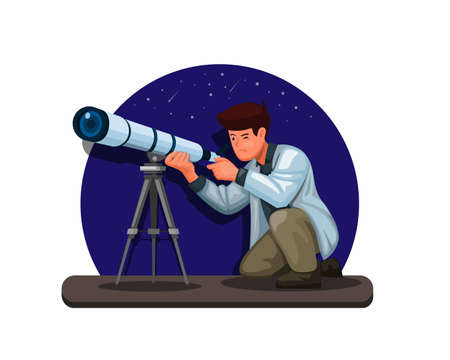 Astronomer using telescope illustration in cartoon vectorのイラスト素材
