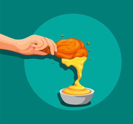 Hand dip Crispy Fried Chicken to mustard or cheese sauce for fast food restaurant symbol concept in...