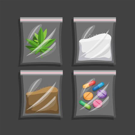 Narcotic in plastic bag collection set. drug symbol concept in cartoon illustration vectorのイラスト素材