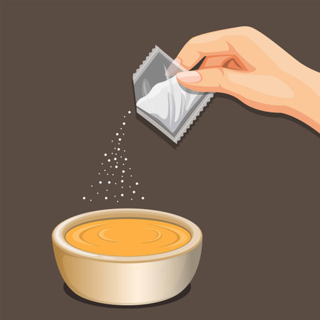 Hand put seasoning powder sachet to food bowl. cooking instruction symbol illustration vectorのイラスト素材