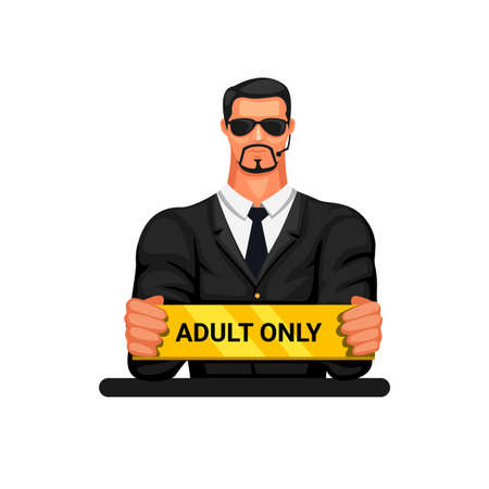 Man in blazer holding adult only sign. bodyguard symbol character mascot cartoon illustration vectorのイラスト素材