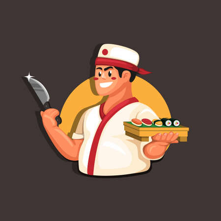 Chef sushi traditional japanese food restaurant mascot concept in cartoon illustration vectorのイラスト素材