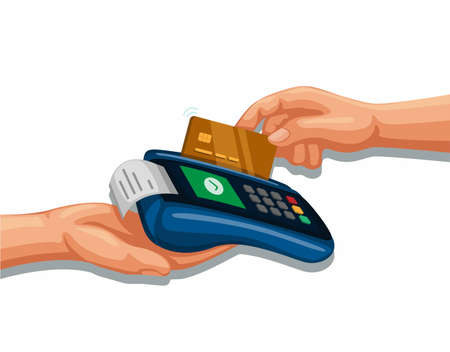 Hand swipe credit card on payment device, mobile banking and shopping symbol concept cartoon illustration vectorのイラスト素材