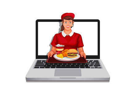 Girl fast food worker giving food from laptop. online order delivery symbol concept in cartoon illustration vectorのイラスト素材