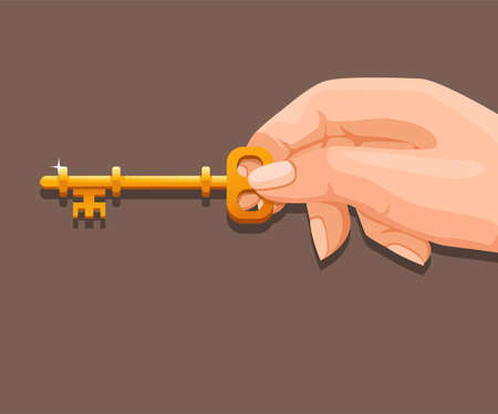 Hand hold golden key symbol for unlock door or chest treasure box concept in cartoon illustration vectorのイラスト素材