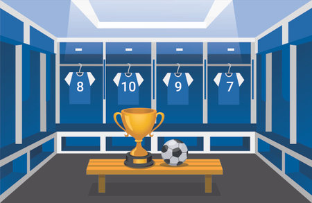 Soccer locker room with thropy and ball. wining sport team club scene concept in cartoon illustration vectorのイラスト素材