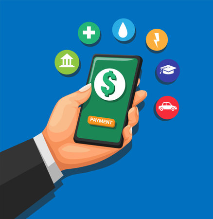 Hand holding smartphone with Mobile banking app financial and lifestyle concept in cartoon illustration vectorのイラスト素材