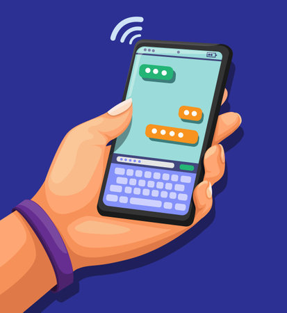 Hand hold smartphone with chatting app message, mobile phone service provider concept in cartoon illustration vectorのイラスト素材