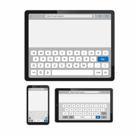 Smartphone and tablet touch keyboard keypad typing browser interface template mockup realistic illustration vectorのイラスト素材
