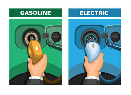 Car refuel gasoline and electric comparison concept in cartoon illustration vectorのイラスト素材