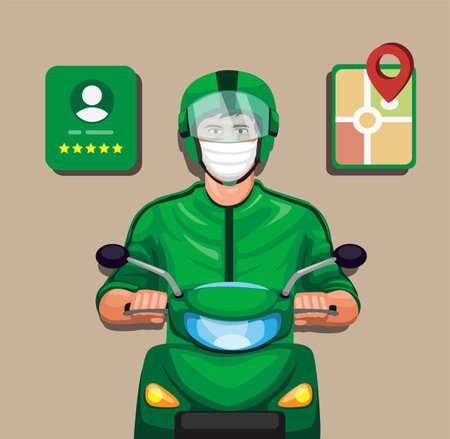 Rider motorbike taxi online with profile rating and gps symbol set cartoon illustration vectorのイラスト素材