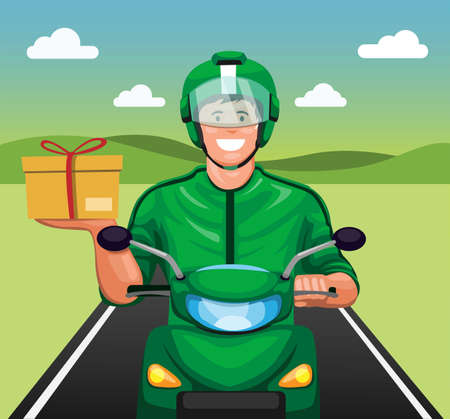 Courier motorbike delivery package to customer online transportation in close up view cartoon illustration vectorのイラスト素材