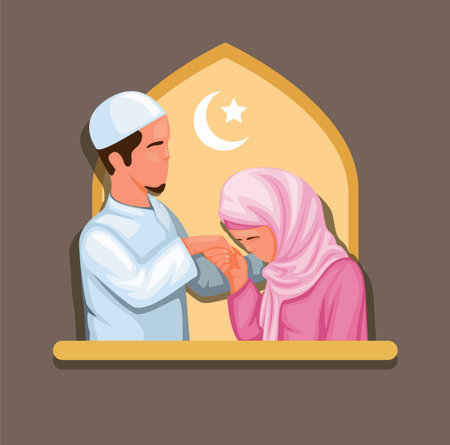 Muslim family daughter handshake and apologize to father in ramadan celebration illustration cartoon vectorのイラスト素材
