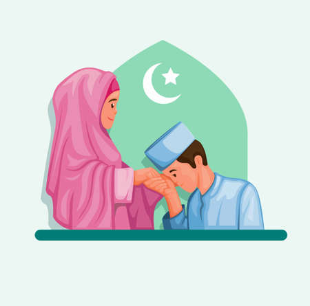 Muslim family son and mother apolizing in ramadan celebration illustration cartoon vectorのイラスト素材