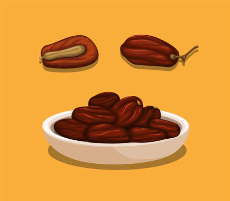 Kurma aka date palm fruit from arab asian. in bowl and piece with seed concept in cartoon illustration vectorのイラスト素材
