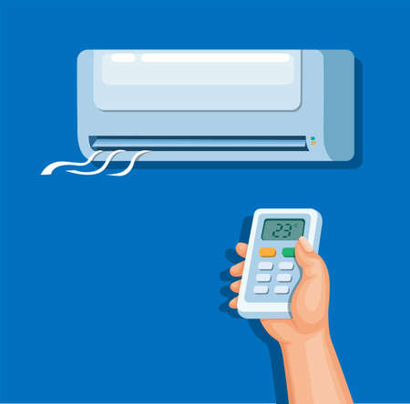 Air conditioner with remote control, electronic home concept in cartoon illustration vectorのイラスト素材