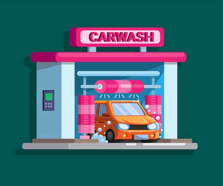 Car wash automatic drive thru building concept in cartoon illustration vectorのイラスト素材