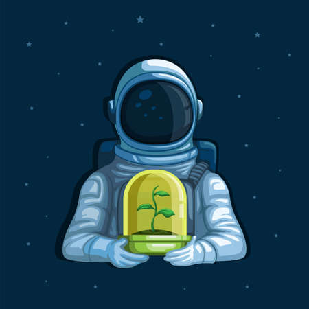 astronaut holding plant on space, ecology plant care planet concept in cartoon illustration vectorのイラスト素材