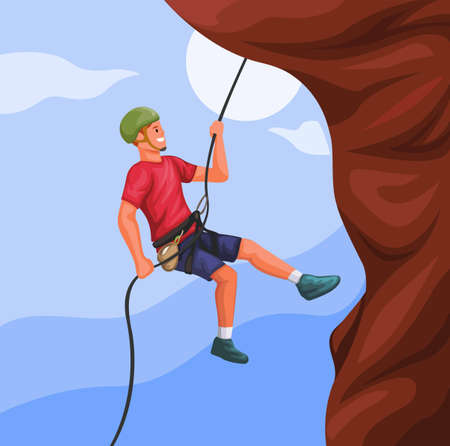 Man Hanging on Rope Climbing rock mountain. extreme sport illustration vectorのイラスト素材