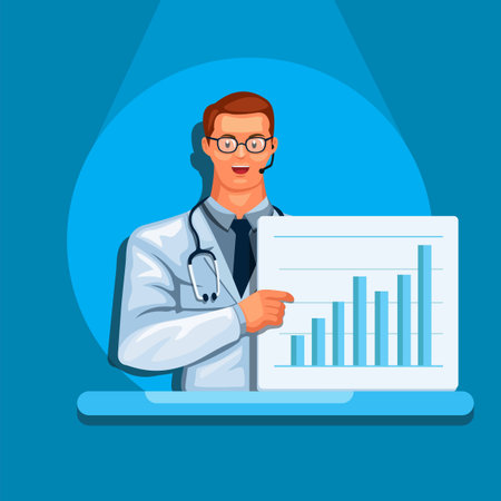 Doctor hold board analyzing statistic medical report, scientist avatar character illustration vector