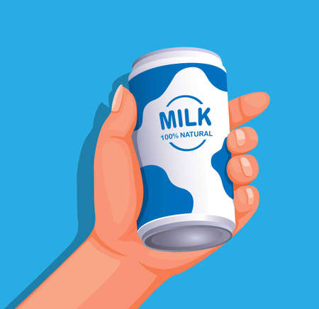 Hand holding fresh milk on bottle can packaging healthy drink product illustration vectorのイラスト素材