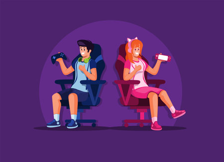 Gamer boy and girl sitting in gaming chair with holding gamepad and portable game. esport player illustration vectorのイラスト素材