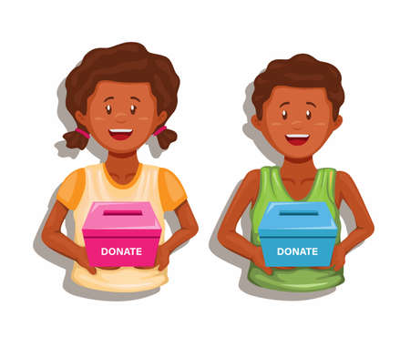 African children holding donation box. charity raising fund to help hunger children symbol character set vectorのイラスト素材