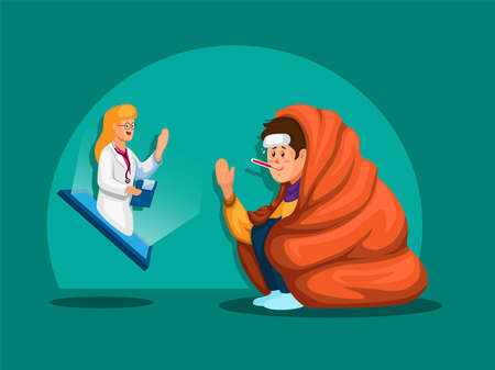 Sick boy with doctor out from smartphone. Mobile Medical Assistance app concept illustration vectorのイラスト素材
