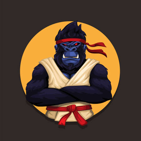 Gorilla monkey wearing karate uniform. animal martial art athlete character illustration vectorのイラスト素材