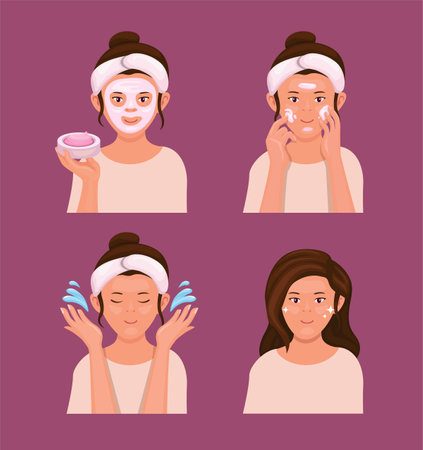 beauty mask skincare and face wash product instruction symbol character set illustration vectorのイラスト素材