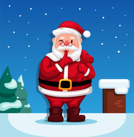 Santa Claus on snow rooftop chimney want to deliver gift box to children on christmas illustration vectorのイラスト素材