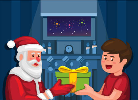 Santa Claus giving gift box to boy in christmas night winter season cartoon illustration vectorのイラスト素材