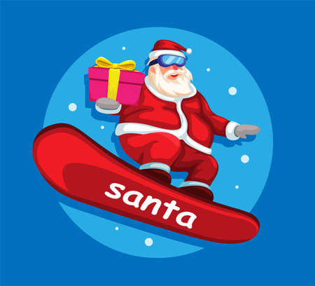 Santa riding snowboard to deliver gift in christmas season illustration vectorのイラスト素材