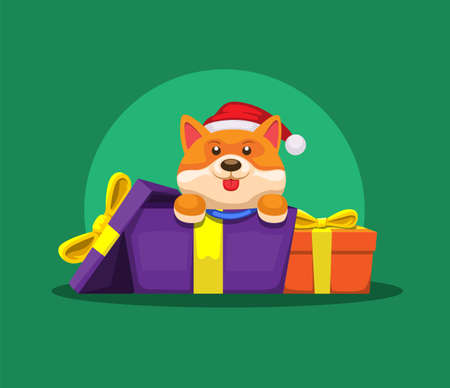 Puppy out from gift box christmas season cartoon illustration vectorのイラスト素材