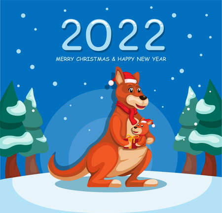 2022 new year and christmas celebration with kangaroo cartoon illustration vectorのイラスト素材