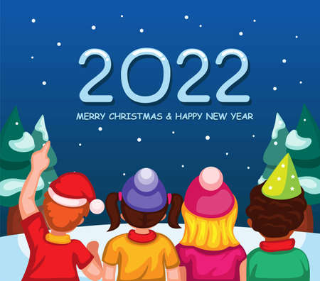 2022 christmas and new year celebration with children from back view cartoon illustration vectorのイラスト素材