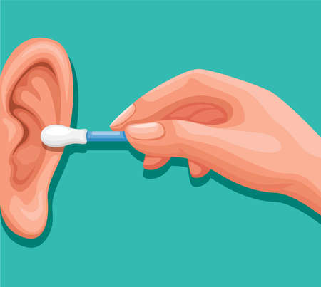 ear stick, hand holding cotton bud to cleaning ear. health care symbol cartoon illustration vectorのイラスト素材
