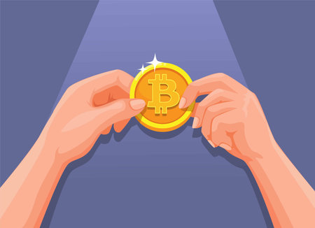 Two Hand holding bitcoin. cryptocurrency transaction symbol cartoon illustration vectorのイラスト素材