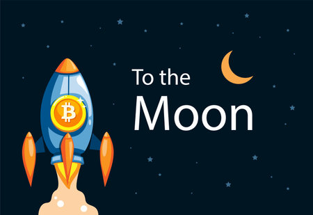 To the moon bitcoin rocket. cryptocurrency business growth illustration in cartoon vectorのイラスト素材