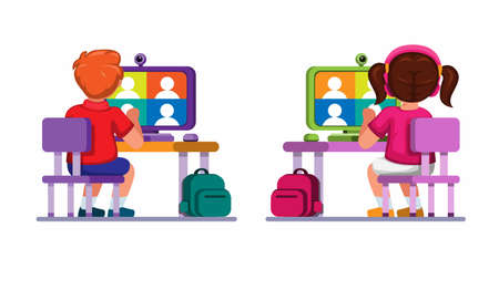 Children online school in social distancing video call meeting cartoon illustration vectorのイラスト素材