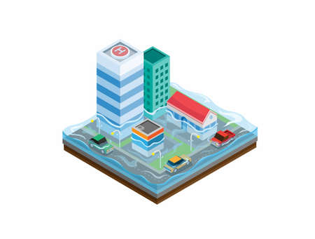Flood city isometric. climate change raining storm impact in town illustration vectorのイラスト素材