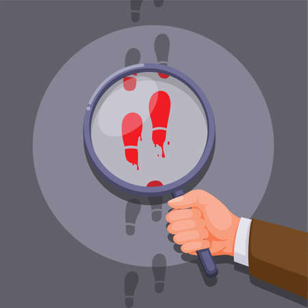 Detective hand with magnifier glass find clue on foot print. criminal investigation scene illustration cartoon vectorのイラスト素材