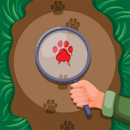Explorer holding magnifier find clue on footstep animal. wildlife illustration vectorのイラスト素材
