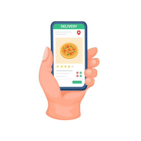 Hand holding smartphone order food delivery on app symbol concept in cartoon illustration vectorのイラスト素材