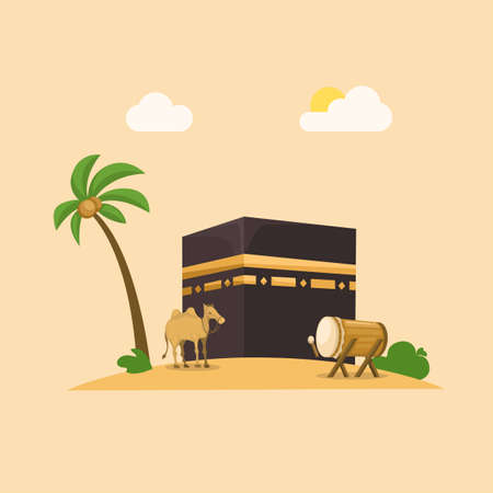 Mecca with onta and drum muslim ramadan greeting on arabian illustration vectorのイラスト素材