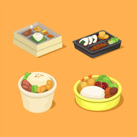 Rice box, bowl and bento asian food product packaging collection set illustration vectorのイラスト素材