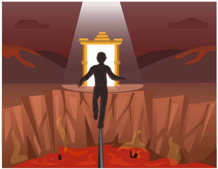 Person walk on a rope to go across hell to heaven gate. religion spiritual journey scene cartoon illustration vectorのイラスト素材