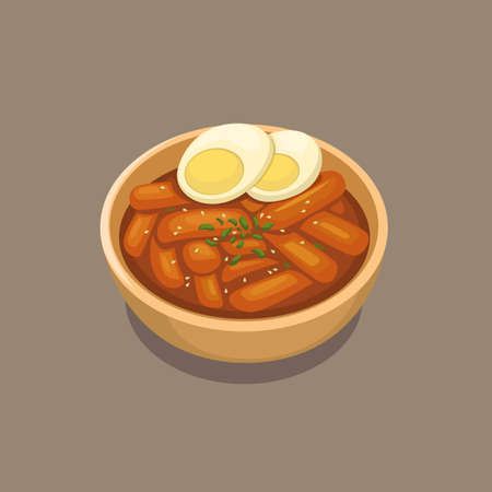 Tteokbokki or simmered rice cake is korean popular street food in bowl with egg topping cartoon illustration vectorのイラスト素材